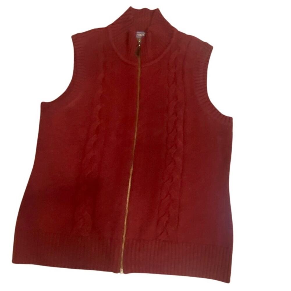 Pendleton Women’s Sweater Vest L Red Cable Knit 100% Cotton Zip Front Classic